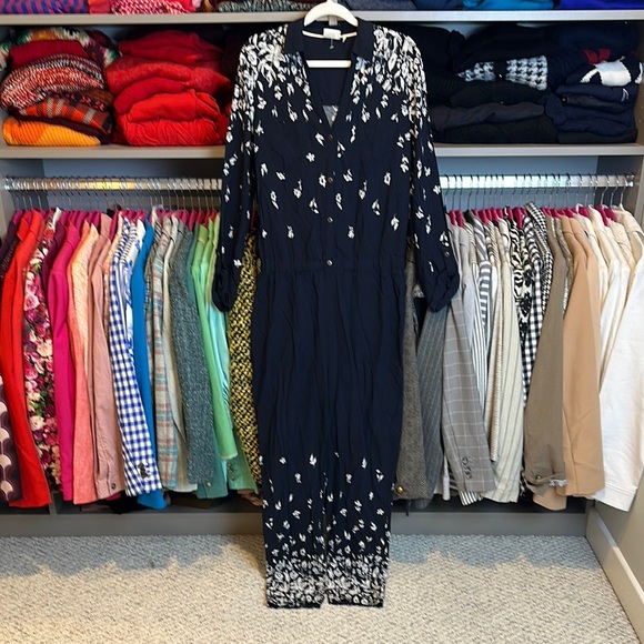 Luka navy/white print long roll tab sleeve 4 pocket elastic waist jumpsuit XS - Picture 1 of 3